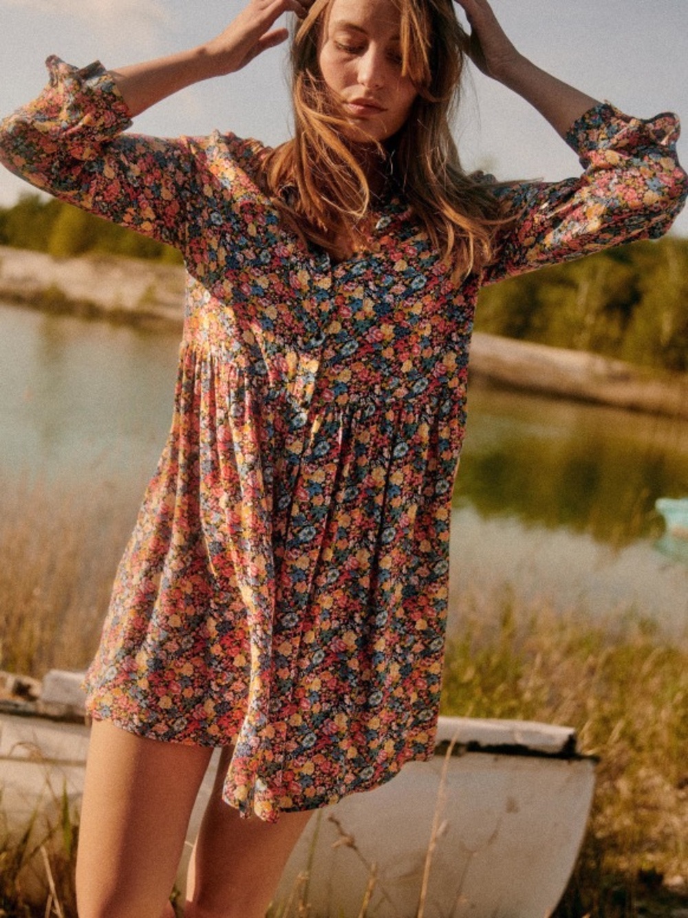 Sezane Leana Mini Dress Floral Sunflowers Long Sleeve Fall Autumn Size 34